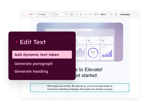 HubSpot content editor interface displaying an 'Edit Text' dropdown menu with options for adding dynamic text tokens, generating paragraphs, and generating headings, overlaid on a dashboard background