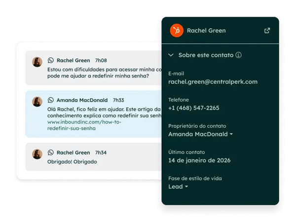 sui do produto mostrando o contexto do cliente de integração do whatsapp do hubspot