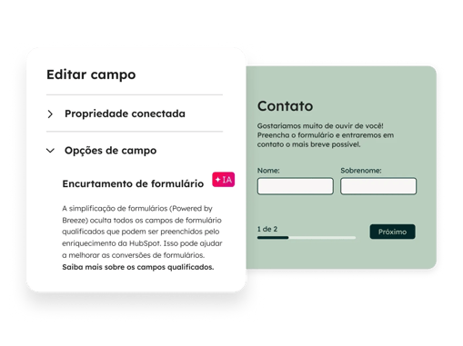 Interface do usuário do HubSpot mostrando um usuário criando um formulário de contato para seu site, utilizando o recurso de encurtamento de formulários.