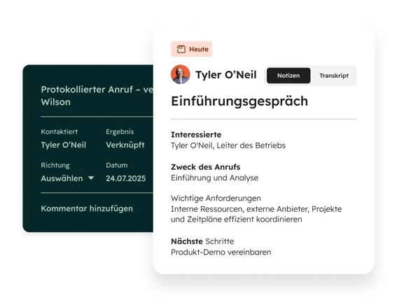 Anruf-Tracking-Software von HubSpot, die einen aktiven Anruf mit Notizfeld zeigt