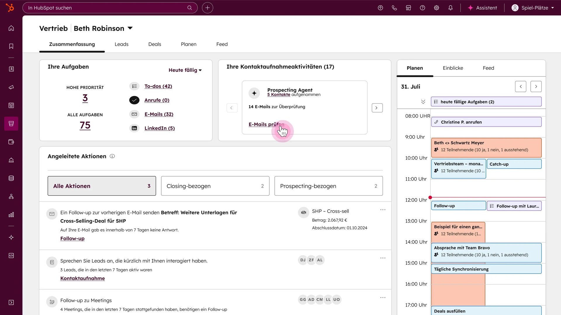 Benutzeroberflaeche der Vertriebssoftware von HubSpot