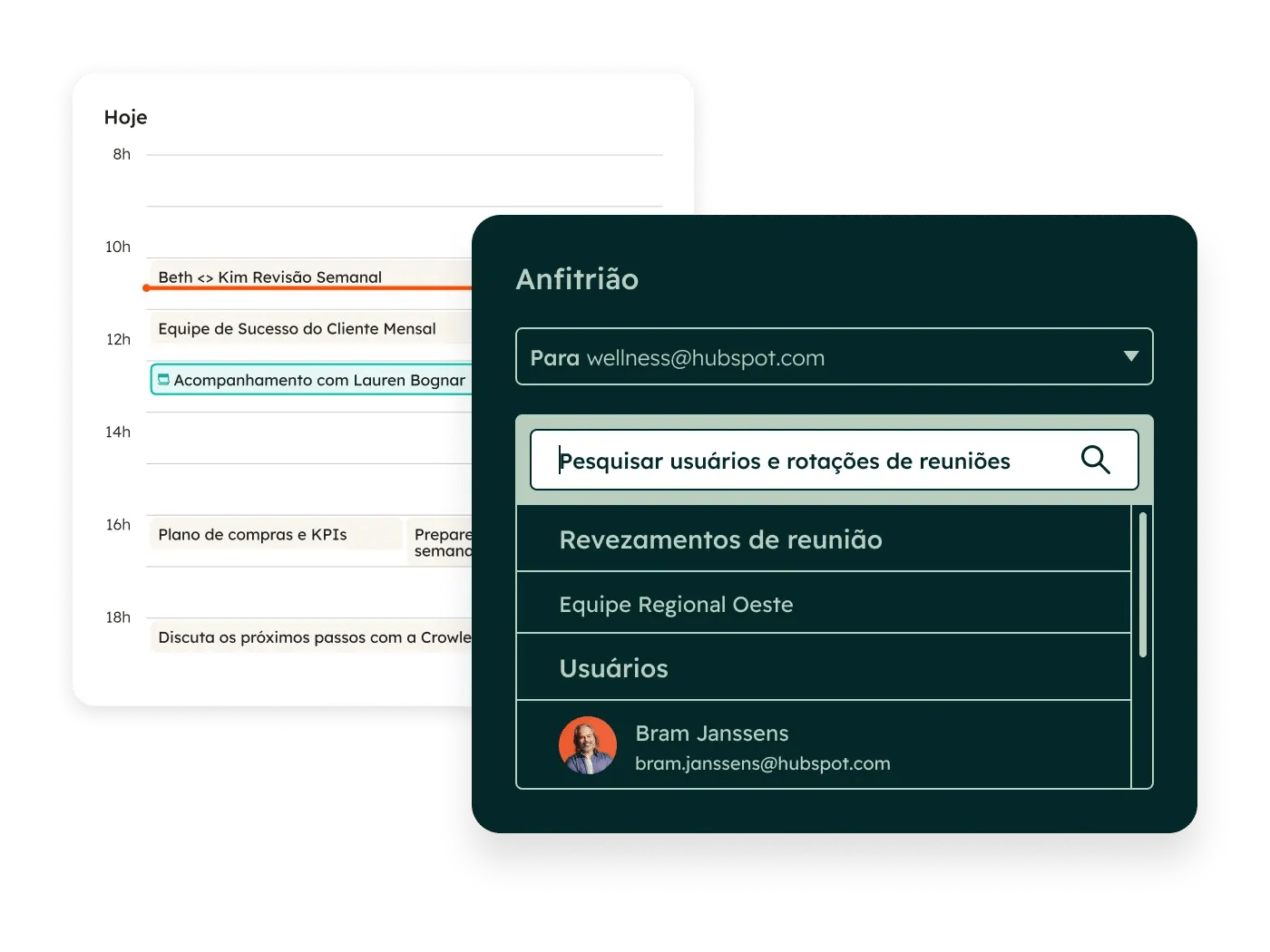 Interface de usuário simples do Sales Hub mostrando a ferramenta de agendamento de reuniões