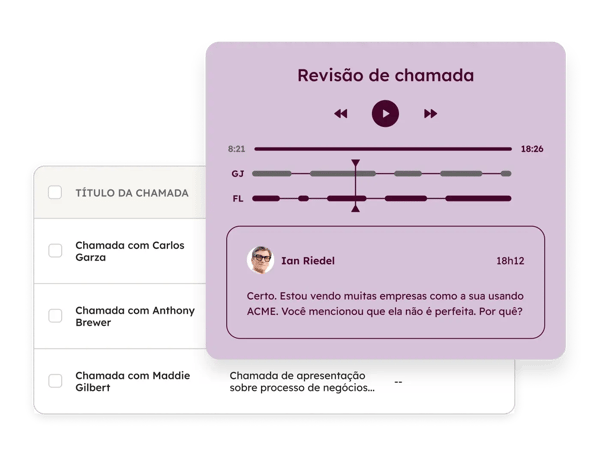Interface do usuário da HubSpot mostrando gravações de chamadas registradas automaticamente no Smart CRM da HubSpot