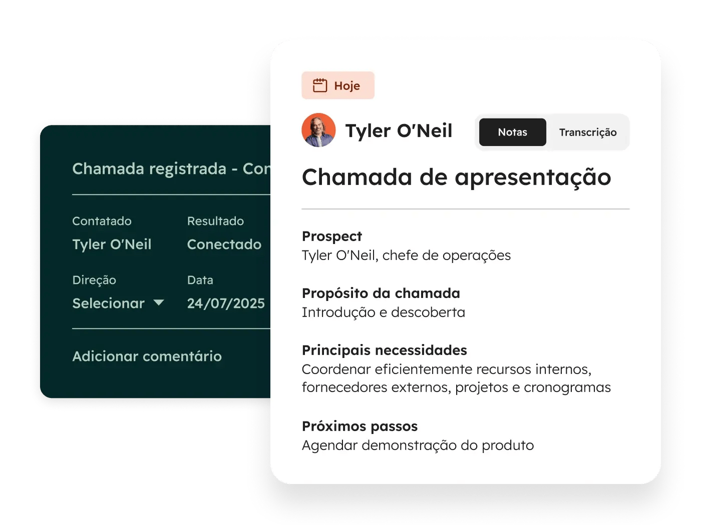 Interface do software de rastreamento de chamadas da HubSpot mostrando uma chamada em andamento com campo de notas