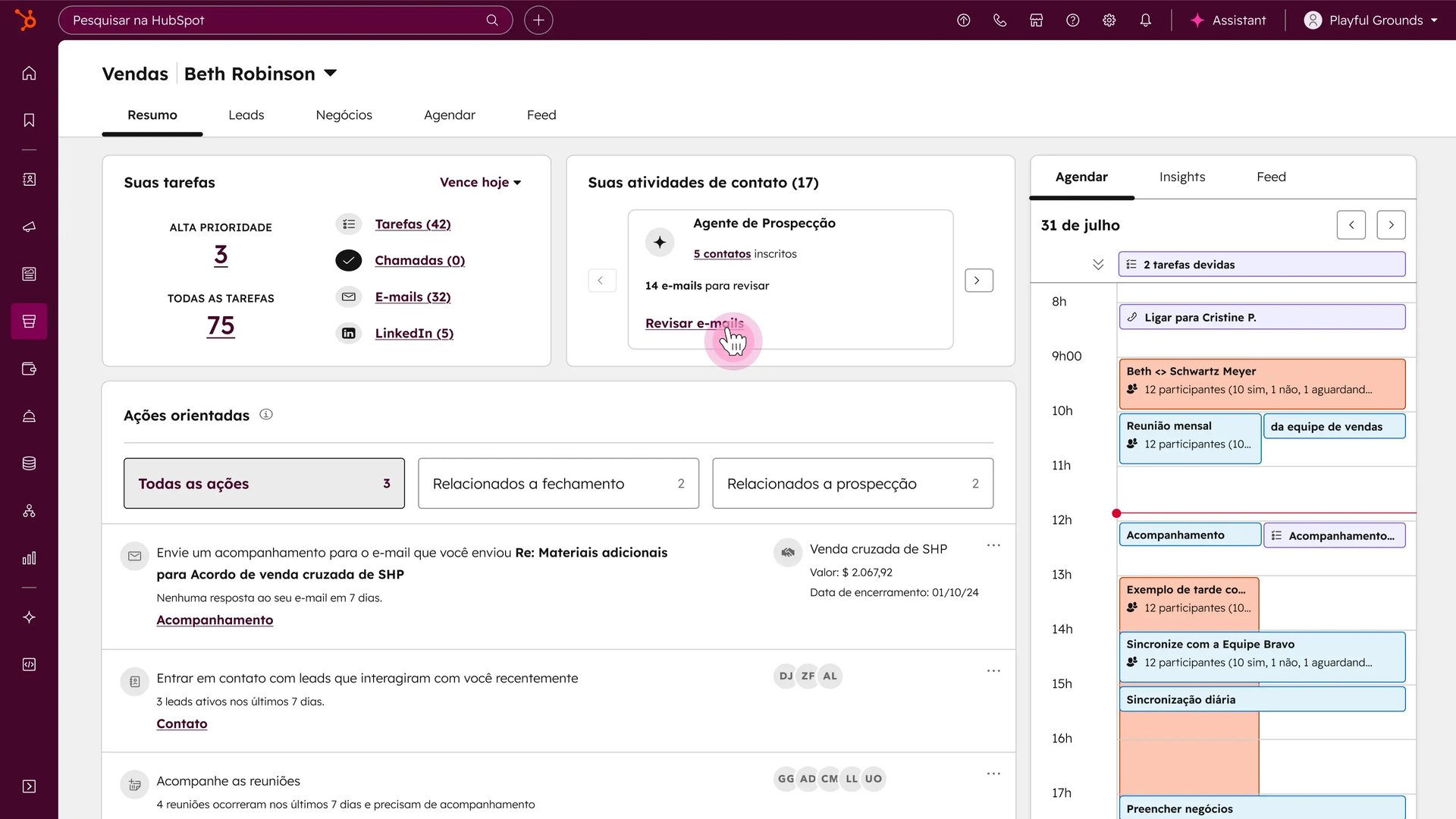 Captura de tela do Espaço de trabalho de prospecção com contatos, tarefas, atividades de divulgação, ações guiadas de venda, e programação
