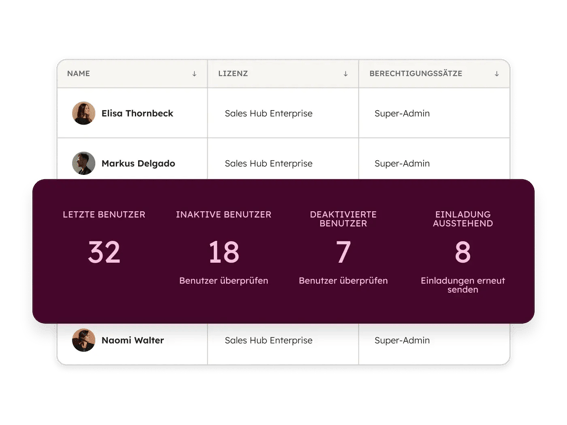 HubSpot CRM Team-Management-Dashboard mit Benutzerübersicht, Lizenzstatus und KI-gestützten Aktivitätsmetriken