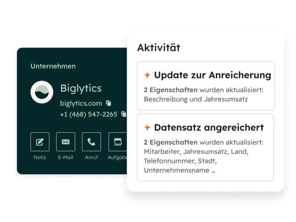 Informationsblatt ueber ein Unternehmen, seine Aktivitaeten und seine Datenanreicherung durch Leads und Kontakte