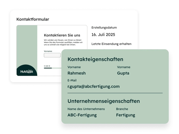 Details zur Formularuebermittlung mit Kontakt, Unternehmen, Erstellungsdatum und Kontakteigenschaften