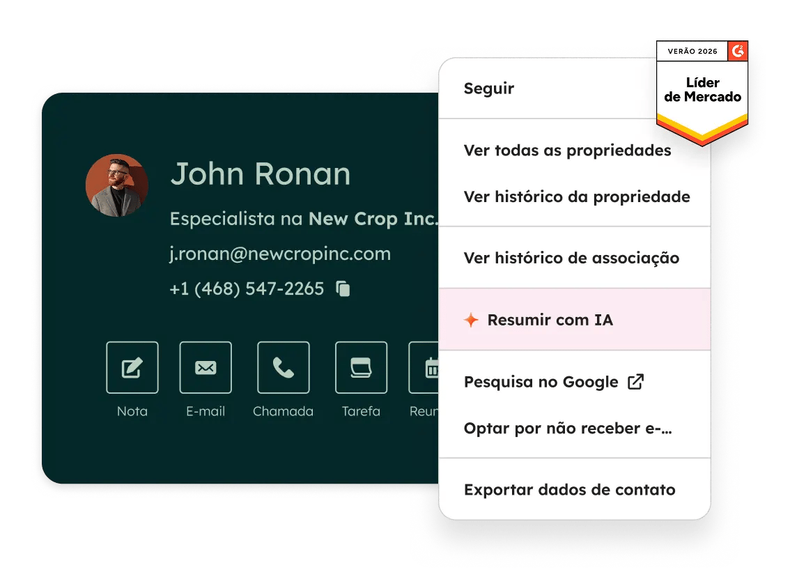 Um cartão de registro de contato na HubSpot mostrando informações de contato e várias ações que podem ser tomadas, como ligar, enviar e-mails, fazer anotações, visualizar o histórico da propriedade e resumir com IA. Também mostra que o CRM da HubSpot é vencedor do prêmio G2 como líder para pequenas empresas
