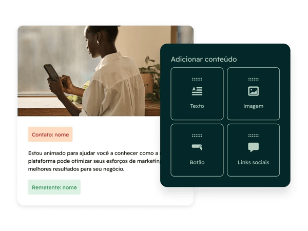 Interface simplificada da HubSpot com o editor de e-mail, onde uma pessoa está criando um e-mail de nutrição com a ajuda da IA da HubSpot, o Breeze