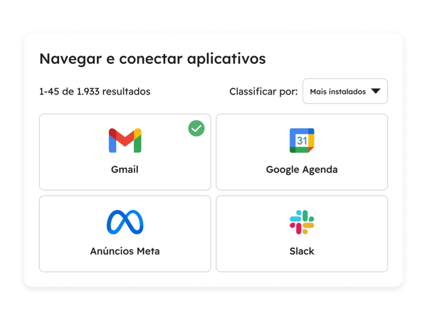 Interface simplificada da HubSpot com uma busca no HubSpot App Marketplace, onde os usuários podem explorar e conectar apps de terceiros à sua conta HubSpot