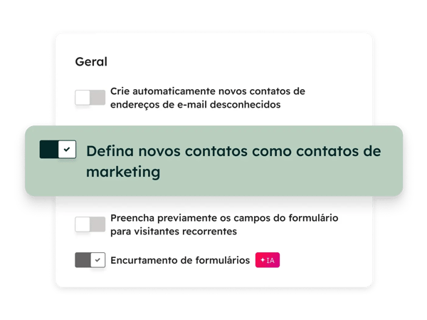 Configurações gerais de encurtamento de formulários com opções para criar automaticamente novos contatos de e-mail desconhecidos, definir novos contatos como contatos de marketing, preencher previamente campos de formulário para visitantes recorrentes e muito mais.