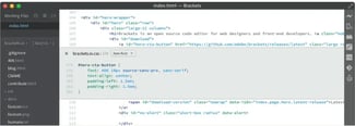 WYSIWYG HTML editor Brackets code interface displaying HTML and CSS files with file tree navigation and split-pane editing view