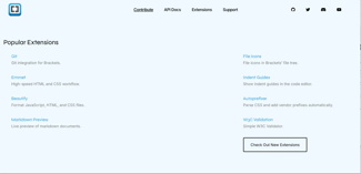 WYSIWYG HTML editor Brackets extensions page listing popular add-ons including Git integration, Emmet, Beautify, and W3C Validation