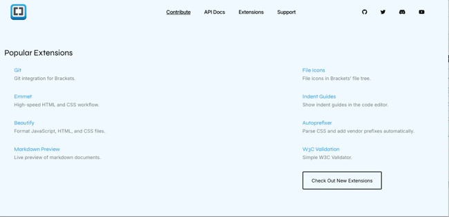 WYSIWYG HTML editor Brackets extensions page listing popular add-ons including Git integration, Emmet, Beautify, and W3C Validation