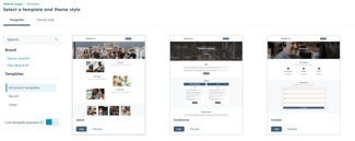 WYSIWYG HTML editor Content Hub section library displaying pre-built templates including Text, Text Over Media, Background Scrollmation, Scrollmation, Reveal, and Grid with sidebar navigation