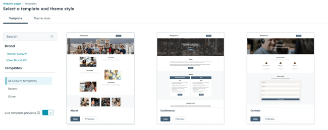 WYSIWYG HTML editor Content Hub section library displaying pre-built templates including Text, Text Over Media, Background Scrollmation, Scrollmation, Reveal, and Grid with sidebar navigation
