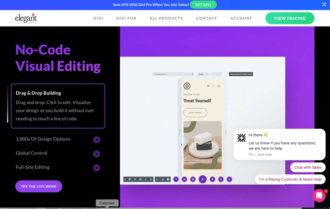 WYSIWYG HTML editor Divi Builder showcasing No-Code Visual Editing capabilities with drag and drop building interface and mobile email template preview