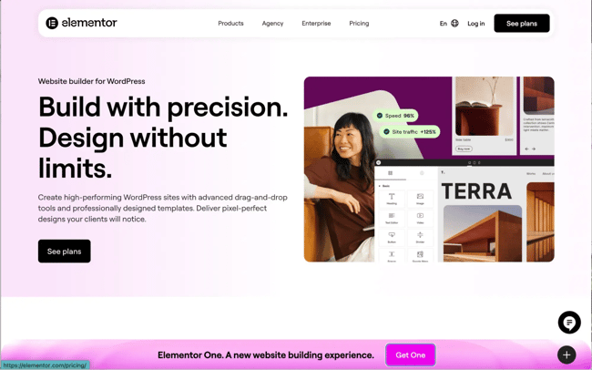 WYSIWYG HTML editor Elementor homepage featuring Build with precision Design without limits tagline with WordPress site builder interface preview showing TERRA template
