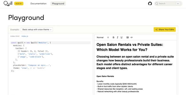 WYSIWYG HTML editor Quill playground interface displaying JavaScript initialization code alongside rendered output of salon business model comparison article