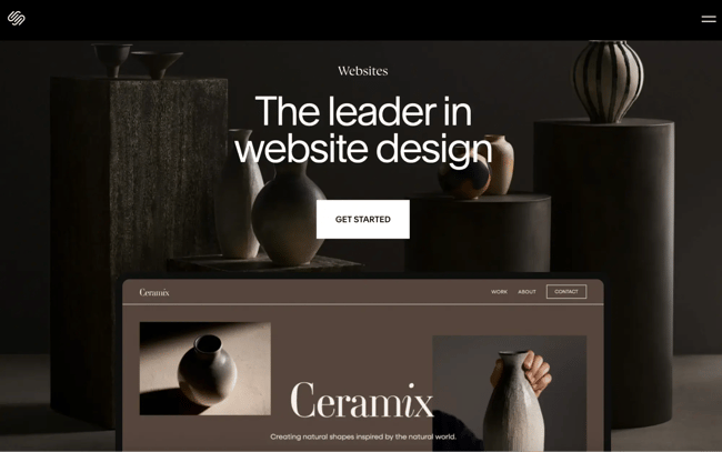 WYSIWYG HTML editor Squarespace homepage showcasing The leader in website design headline with elegant ceramic pottery photography and GET STARTED call-to-action