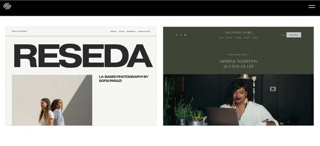 WYSIWYG HTML editor Squarespace template gallery displaying RESEDA photography portfolio and wellness nutrition coaching website examples
