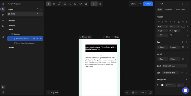 WYSIWYG HTML editor Vev workspace with pages sidebar showing section hierarchy and mobile preview of salon business comparison article at 375px width