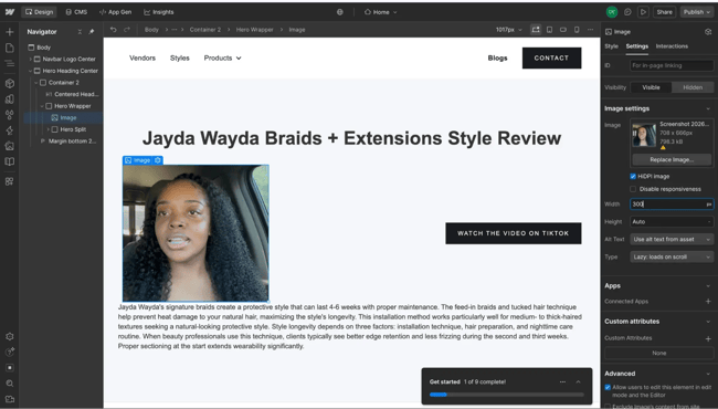 WYSIWYG HTML editor Webflow with navigator panel, image settings controls, and beauty blog content about Darrielle Evans reviewing the Jayda Wayda braids style