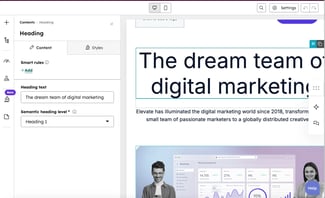 WYSIWYG HTML editor content panel in HubSpot showing heading text field and semantic heading level dropdown for digital marketing page