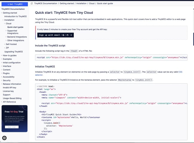 WYSIWYG HTML editor integration documentation for TinyMCE Cloud showing script tag implementation and initialization code example