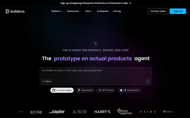 WYSIWYG HTML editor interface on Builder.io homepage showing AI agent for product, design, and code with prototype on actual products headline, navigation menu, sign up button, and brand logos.