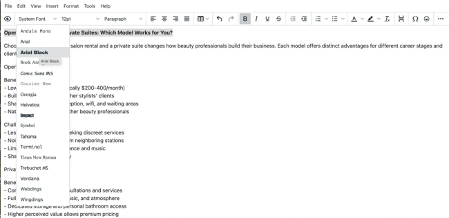 WYSIWYG HTML editor interface showing font selection dropdown with System Font, Arial, Comic Sans MS, and additional typeface options over beauty salon content