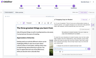 WYSIWYG HTML editor setup wizard in CKEditor showing installation progress with presets, features, toolbar configuration, and AI assistant chat panel