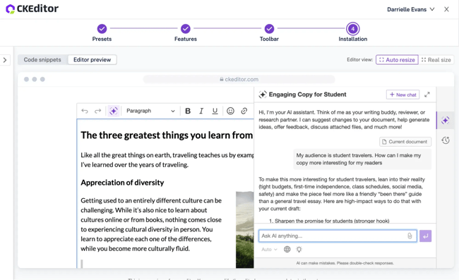 WYSIWYG HTML editor setup wizard in CKEditor showing installation progress with presets, features, toolbar configuration, and AI assistant chat panel