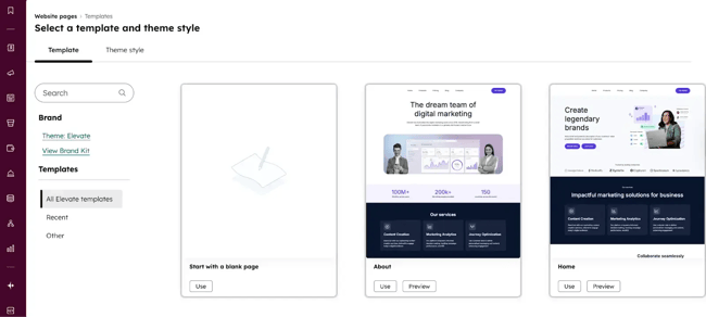 WYSIWYG HTML editor template selection interface in HubSpot displaying blank page option and pre-built About and Home templates with brand kit customization