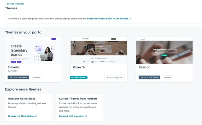 WYSIWYG HTML editor themes settings panel in HubSpot showing custom themes, basic and blue theme options, and story preview with blurred background image