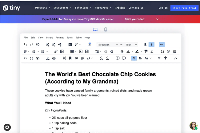 WYSIWYG HTML editor toolbar in TinyMCE displaying comprehensive formatting controls including text styling, tables, media insertion, and AI assistant for recipe content
