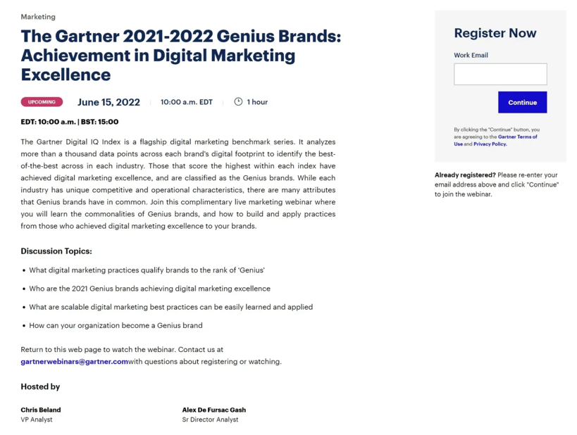 Webinar landing page example from Gartner