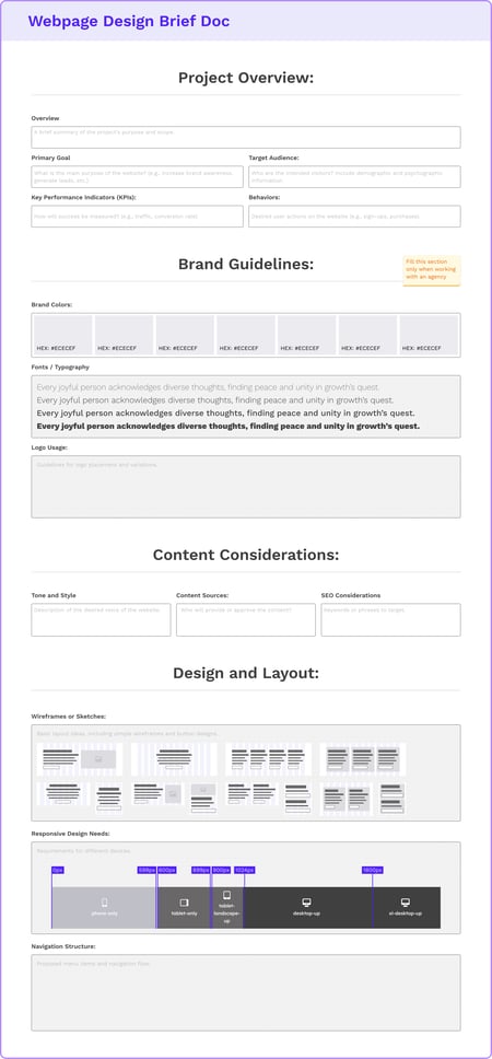 Website design doc template: Web design brief with project overview, brand guidelines, and content considerations