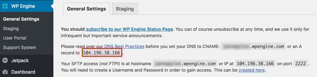 IP address of WordPress website  listed in WP engine tab of WordPress dashboard