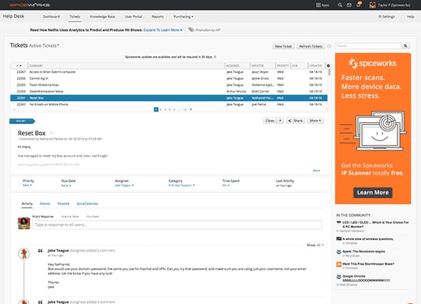 Spiceworks Help Desk dashboard