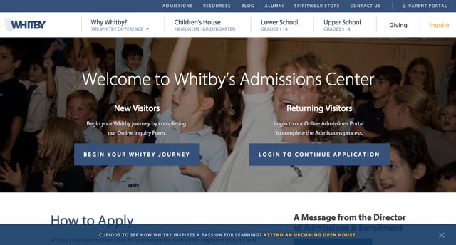 Whitby's admissions center page