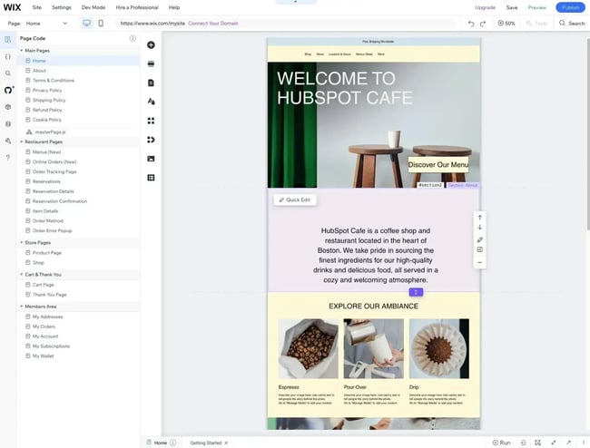 Wix, drag and drop page builder