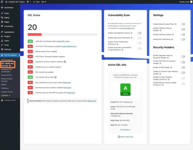 WordPress SSL plugin, the WP Encryption status and settings area.
