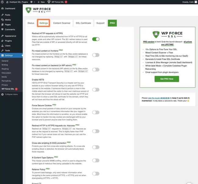 WordPress SSL plugin, the WP Force SSL advanced settings area