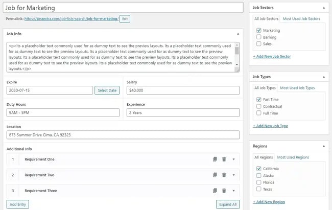 WordPress job board plugin Recruitly Addons backend screenshot