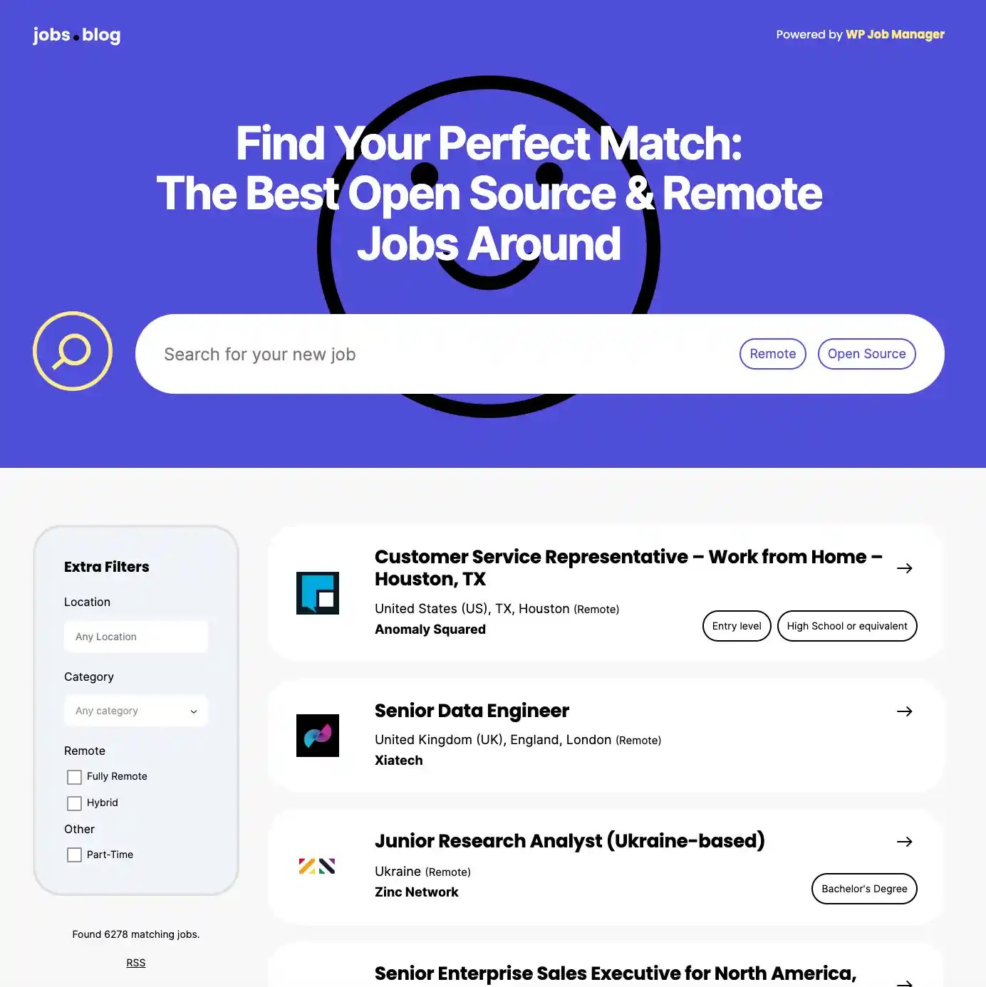 WP Job Manager live demo showing AJAX-powered job listings with search and filter controls