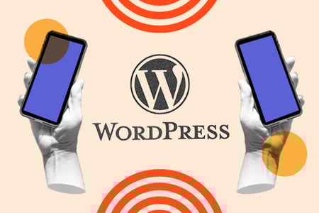mobile friendly wordpress themes: image shows hands holding phones and the word 'wordpress' in the center 