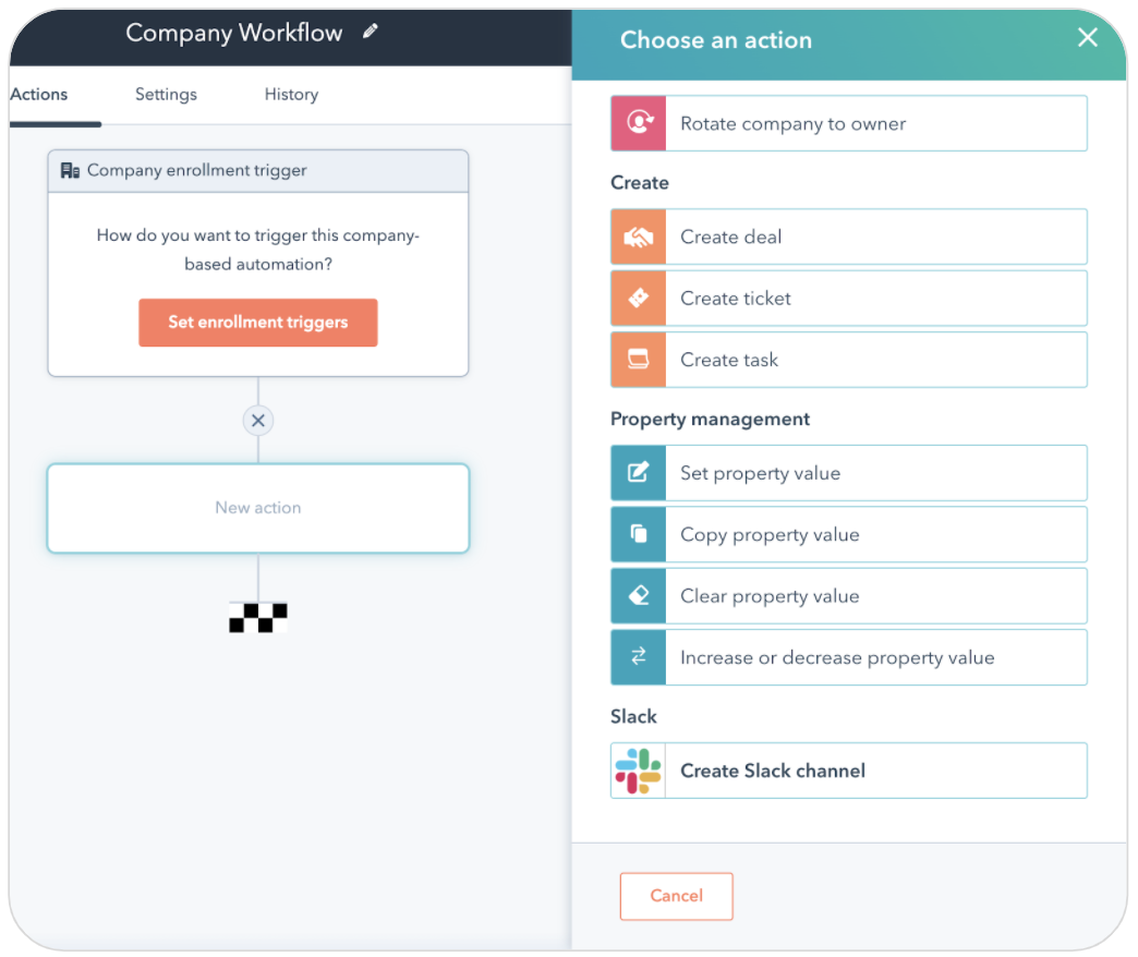 A screenshot of creating a workflow in HubSpot with the option to create a Slack channel as an action.