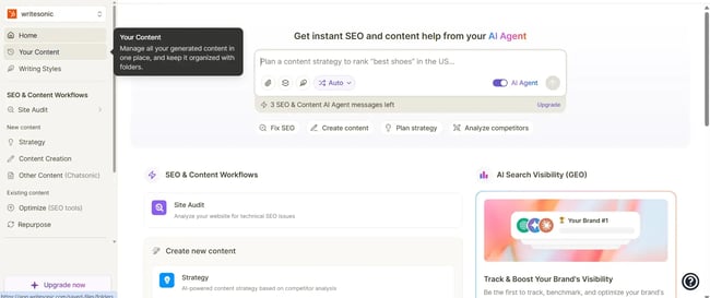Writesonic AI writing dashboard, Top AI tools for content writing